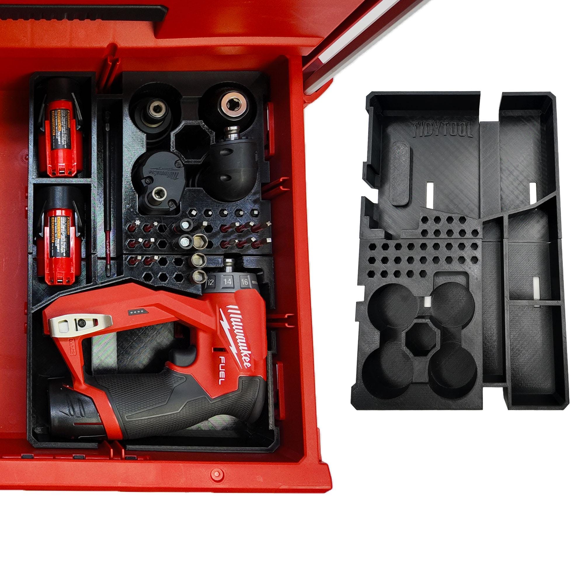 M12 Fuel Installation Drill Organizer for Milwaukee Packout 2 and 3 Drawer Tool Boxes