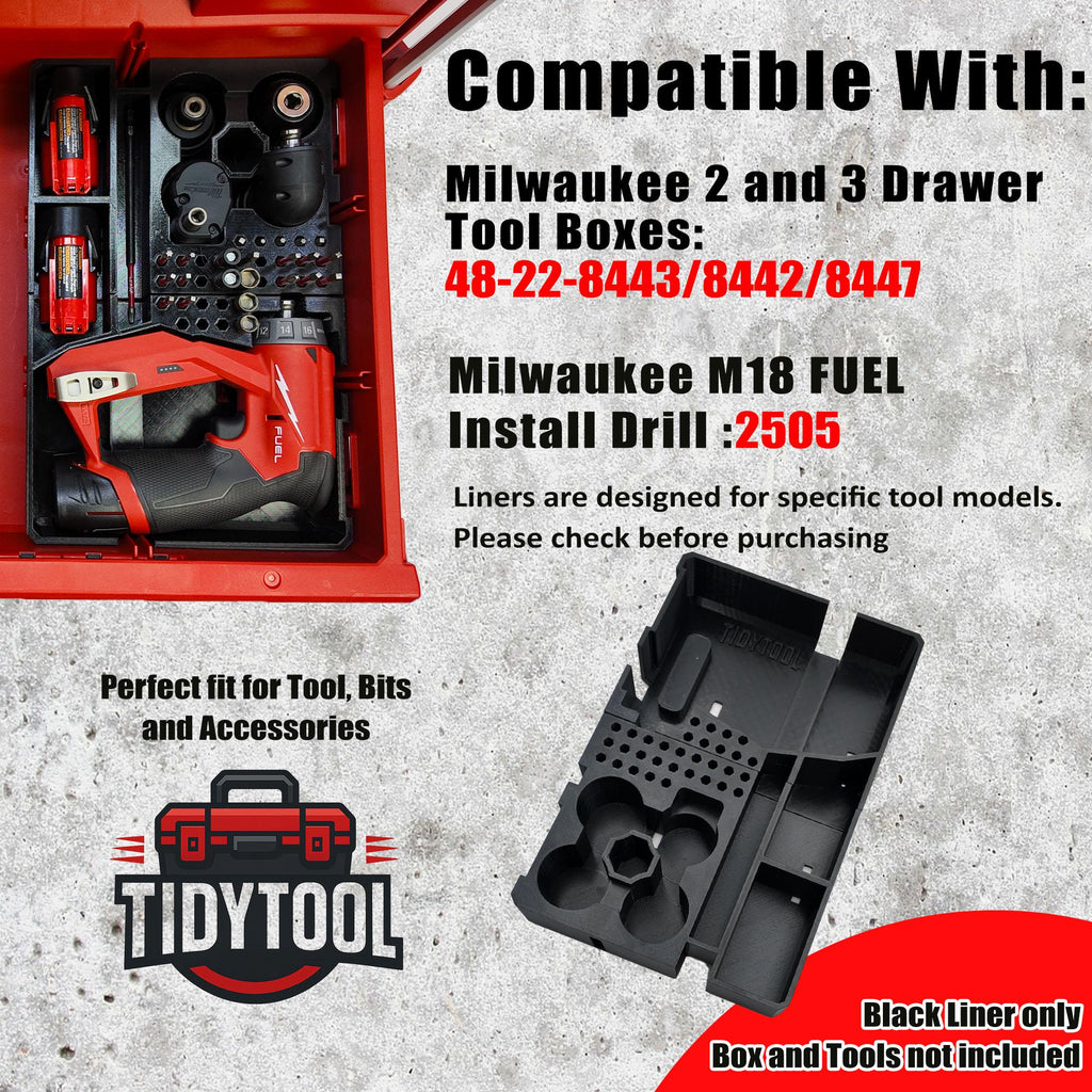 M12 Fuel Installation Drill Organizer for Milwaukee Packout 2 and 3 Drawer Tool Boxes