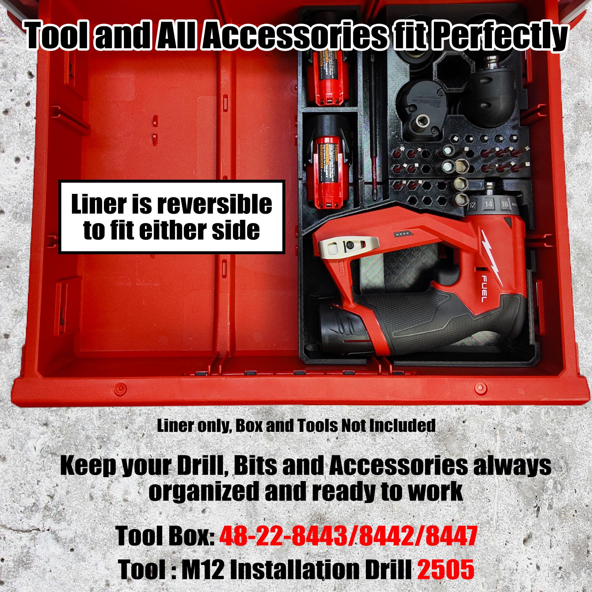 M12 Fuel Installation Drill Organizer for Milwaukee Packout 2 and 3 Drawer Tool Boxes