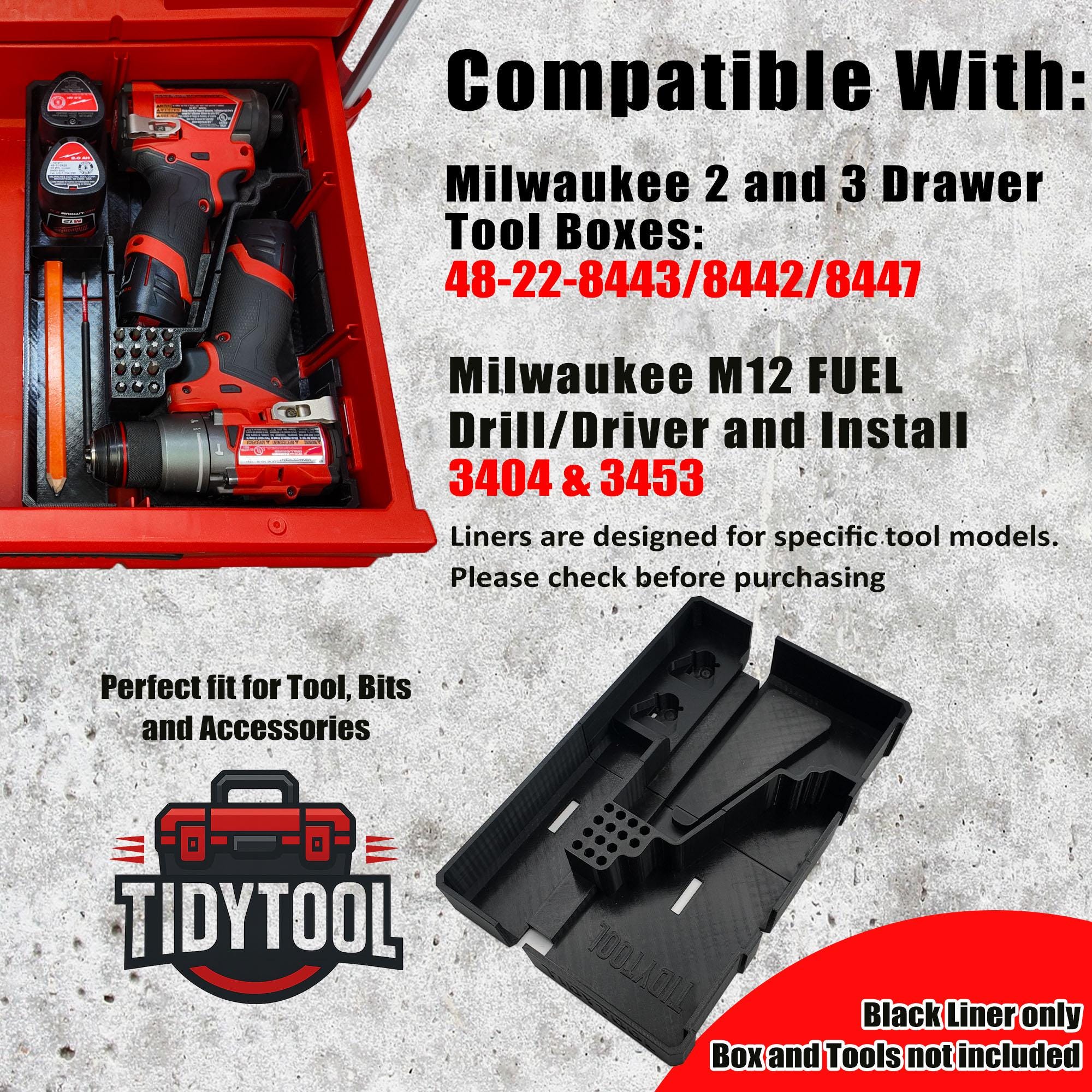 M12 Drill Driver Organizer for Milwaukee Packout 2 and 3 Drawer Tool Boxes